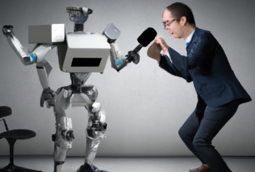 photo realistic of a journalist fighting a robot ai (credit Dall-e)