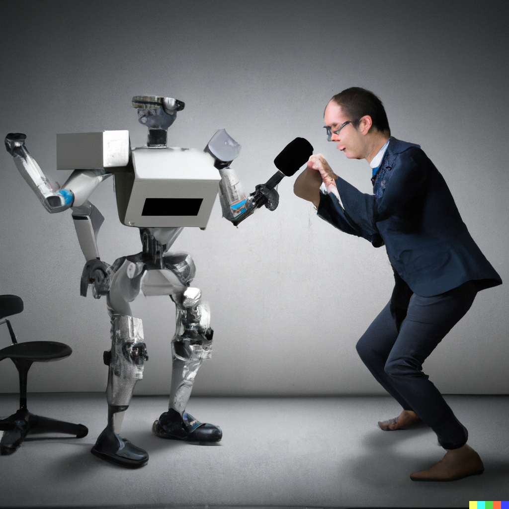 photo realistic of a journalist fighting a robot ai (credit Dall-e)