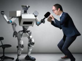 photo realistic of a journalist fighting a robot ai (credit Dall-e)