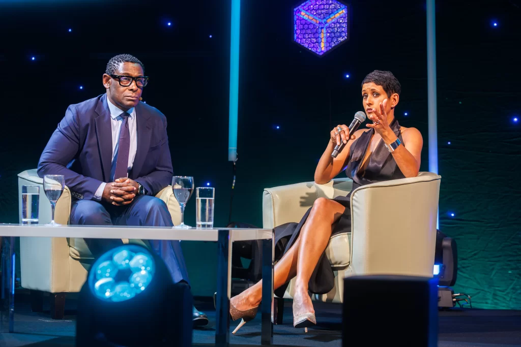 Naga Munchetty speaking with David Harewood at the British Business Excellence Awards.