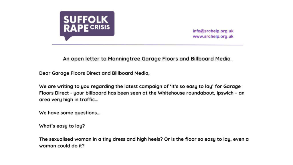 Suffolk Rape Crisis' letter regarding the billboard featuring a ‘sexualised woman'.