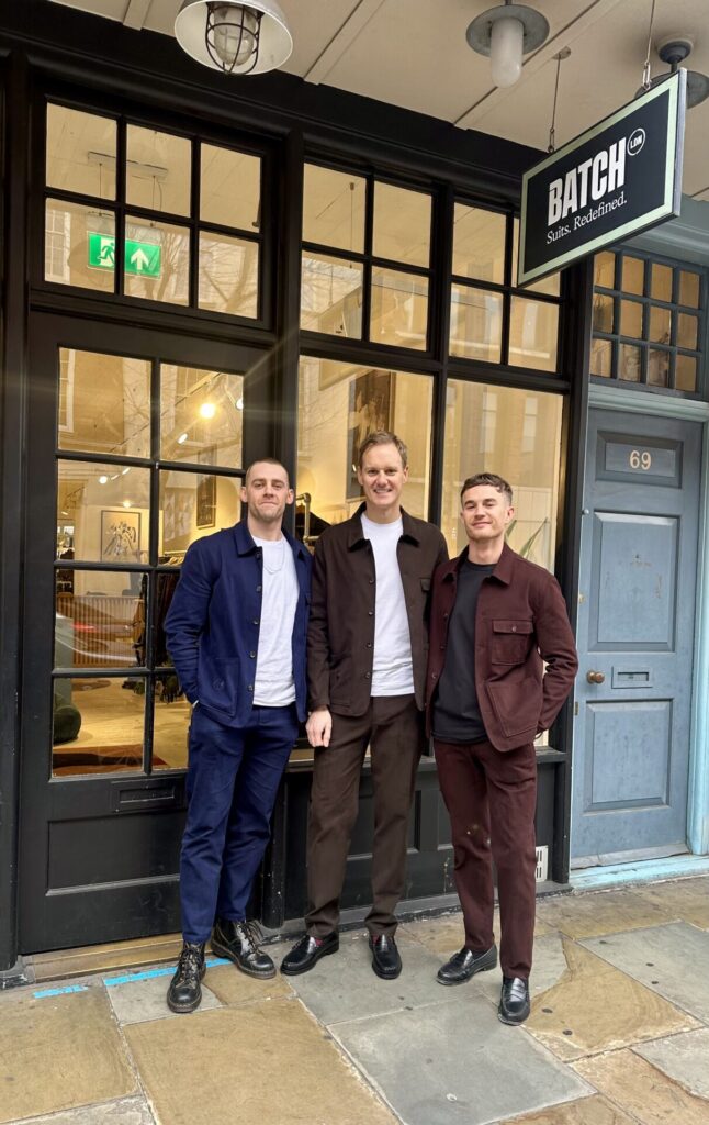 Dan Walker wearing a Batch Suit, with Julian and Sam.